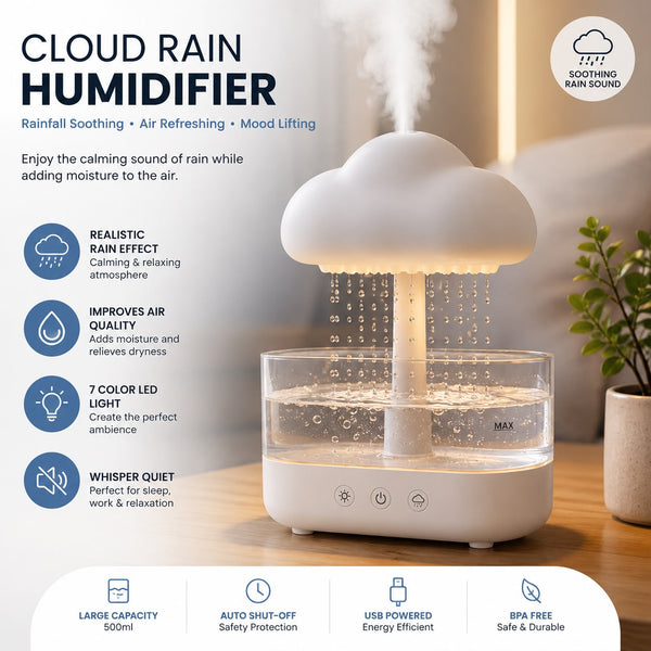 Cloud Rain Humidifier & Essential Oil Diffuser with 7-Color LED Night Light